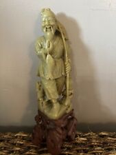 Antique/Vintage Chinese Soapstone Statuette Old Fisherman w/Fish Stone Base H10