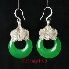 Pretty a Pair Old China Tibet Silver Hand-made Inlay Jade Fish Eardrop Dangler picture