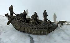 VINTAGE INDIAN DHOKRA HINDU METAL STATUE OF SIX FIGURES RIDING IN A BOAT picture