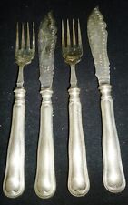 ANTIQUE SHIEFFIELD ENGLAND SILVER EMBOSSED FISH FORK & KNIFE 2 SETS OF 2 picture