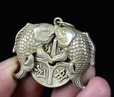 4CM Rare Old China Miao Silver Feng Shui Double Fish Luck Necklace Pendant picture