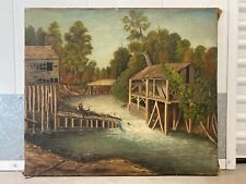 ðŸ”¥ Antique Old American Southern Folk Art River Landscape Oil Painting, 1860s picture