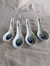 Four Vintage Chinese Koi Fish Soup Spoons - Blue & White Hand Painted picture