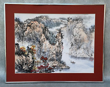 VINTAGE SIGNED ASIAN CHINESE ART PAINTING RIVER LANDSCAPE MAN IN RAFT BOAT HILLS picture