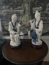 Large Chinese Fisherman Couple Blue White Porcelain Figurine Statues   16” Set picture