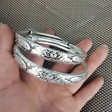 A Pair Old Chinese tibet silver handcarved fish flower bracelet picture