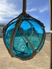 LARGE Japanese 6â€� Aqua Glass Fishing Float w Brown Rope. picture
