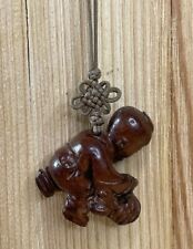 Chinese Carved Wood Pendant Boy Holding Fish picture