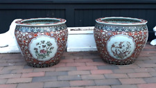 Pair Antique Chinese Style Porcelain Fish Bowl Planters in Coral Enamel picture