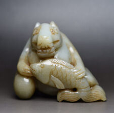 Certified Natural Hetian Jade Hand-Carved Exquisite Bear&Fish Statue 9867 picture