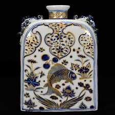 Chinese Blue&White Porcelain Gilded Hand Painted Fish Algae Pattern Flat Vase 76 picture