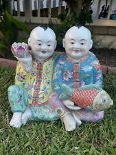 Pair Old Chinese Famille Rose Porcelain Tongzi Boy Ruyi Grape Statue Pair picture