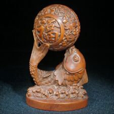 old china antique decor Boxwood wooden statue carvings home office decor fu fish picture