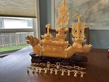 Large Yellow Jade (butter jade) Dragon Boat w/ stand  picture