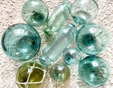 10 Authentic Japanese Glass Fishing Floats, Blue, Green, Yellow-Green, Imperfect picture
