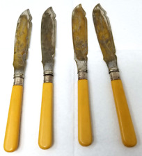 Yellow Bakelite Fish Knives Leaf Pattern Plated EPNS Set of 4 picture