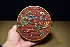 Chinese Vintage Lacquerware Box Painted Dragon And Fish Round Keepsake Box Art picture