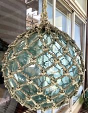 Antique JAPANESE FISHING FLOAT in NET, hand-blown BLUE GLASS BALL, 41