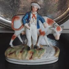 Enchanting Victorian Staffordshire Figurine of Farmer & Cow by Stream C 1835+ picture