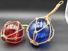 Lot of 2 Decorative Glass Fishing Float Buoy Balls  Blue & Red W/ Nets picture