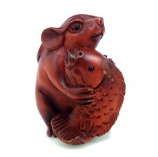 Japanese Boxwood Hand Carved Netsuke Mouse Rat Hugging Big Carp Fish #02012402 picture