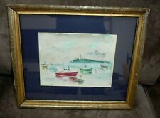 Fishing Boats on Casco Bay, Maine  Watercolor in Lemon Gold Frame picture