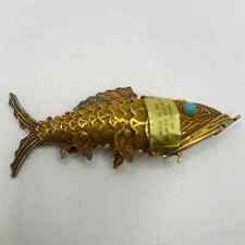 Vintage 1950’s Articulated Fish Pendant Chinese Gold Wash Silver Turquoise Eyes picture