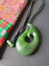 Old New Zealand Maori Large Green Stone Jade Fish Hook Pendant on Black Cord …be picture