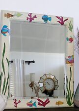 Vtg Hand Painted Nautical Beveled Glass Wood Wall Mirror Fish Coral 30