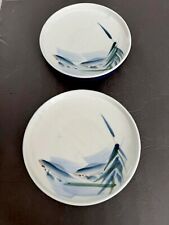 Japanese Porcelain Fish Plate Set 2 Hand Painted Raised Rim Sushi Pedestal 8.5” picture