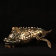20'' bronze inlaying gold ancient fengshui sculpture fortune beast unicorn fish picture