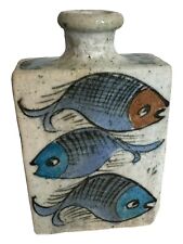 Antique Persian Turkish Iznik Islamic Pottery Bottle rare fish Flowers Motif 6” picture
