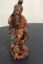 Antique Chinese Wood Hand Carved Fisherman Fisher Fish Old Man Statue Sculpture picture