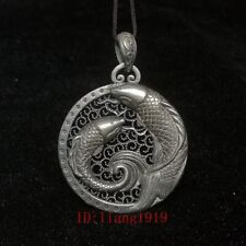 Old Chinese Tibet Silver Feng Shui Double Fish Pendant Amulet Necklace 5 CM picture
