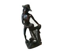 Vintage Carved Hardwood Asian Figure Of A Man With A Fishing Net. picture