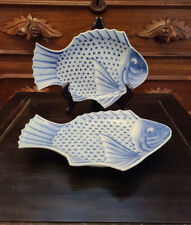 Fine Pair of Antique 19th C Blue White Japanese Meiji Arita Fish Plates - 9 3/4