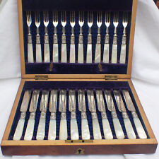 Antique 24 Piece Mother Of Pearl Silver Plated Fish Cutlery Set in Original Box picture