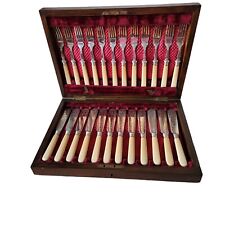 Vintage Edwardian Mahogany Cased Fish Cutlery Set 24 Pieces Knives & Forks  picture