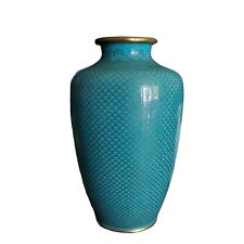 Chinese Antique Turquoise Cloisonne Enamel Vase Fish Scale Design Brass Trim 6