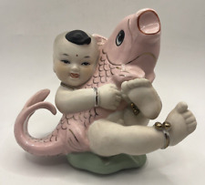 Vintage Porcelain Asian Boy & Giant Kio Carp Very Unusual & Good Condition picture