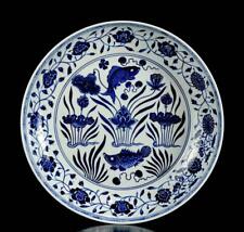 34CM Xuande Signed Old Chinese Blue and White Dish Plate W/ fish N162 picture