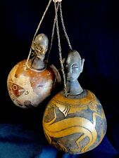 Two Vintage Hanging Water Gourds Carved Head Stopper Fish Turtle Bird Lizard picture