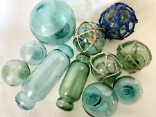 11 Antique Japanese Glass Fishing Floats, Vibrant Colors, Rare Marks picture
