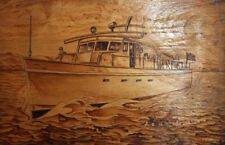 VINTAGE HAND MADE PYROGRAPHY WOOD SEASCAPE BOAT WALL DECOR PLAQUE SIGNED picture