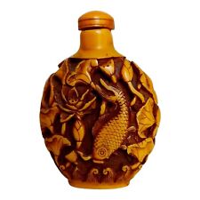 Vintage Chinese Carved Koi Fish Snuff Bottle Lacquer Resin Dragonfly Bird Flaws picture