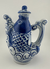 Chinese Koi Fish Teapot and Cover Blue White Porcelain 7