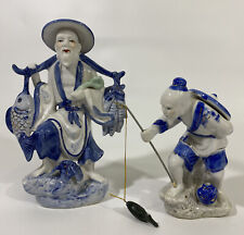 Vintage Chinoiserie Hand Painted Blue white Porcelian Asian Fisherman Pair Read picture