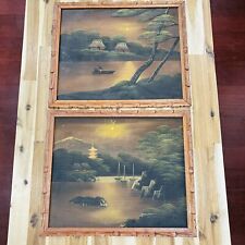 2 Vintage Moonlight Village Night Fishing Japanese Paintings On Silk Framed picture