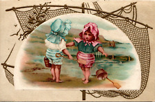 Girls Beach Sand fishing Net Embroidered Pails Buckets Victorian Trade Card picture