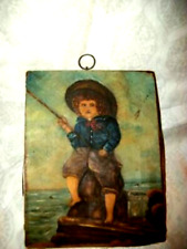 1870 OIL PAINTING FOLK ART VICTORIAN BOY FISHING PIER CHAS EDMANDS CANVAS BOSTON picture